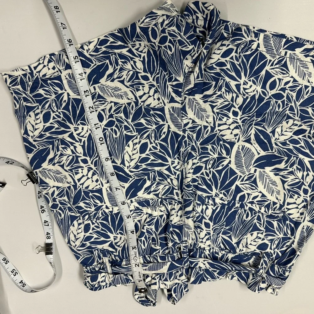 ANA Blue White Floral Print Paperbag Linen Shorts Belt Women Size S New